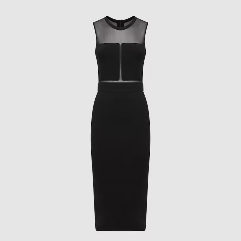 Reiss Lucia Sheer Knitted Bodycon Midi Mesh Panel Dress